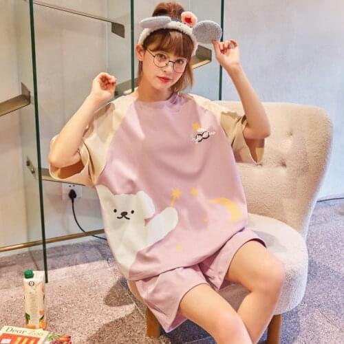 Summer Casual And Fun Cotton Pajamas Suit Women Pink Patchwork Kawaii Sleepwear Plus Size Short-sleeved Shorts 2-piece Home Wear