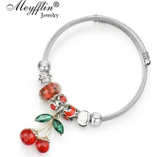 Meyfflin Fashion Cherry Pendant Crystal Bead Bracelets & Bangles Antique Silver Color Bracelet for Women Wedding Charm Jewelry