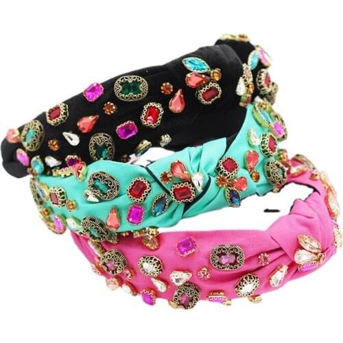 Fashionable Baroque Fabric Headband Fluorescent Colored Gemstone Headband Rhinestone Headband Girls Hair Accessories Headwear