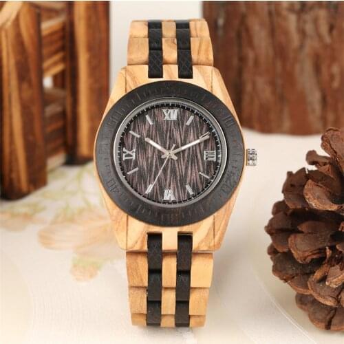 Vintage Natural Wood Quartz Men Watch Roman Numerals Dial Butterfly Clasp Wooden Wristband Casual Unique Male Timepiece