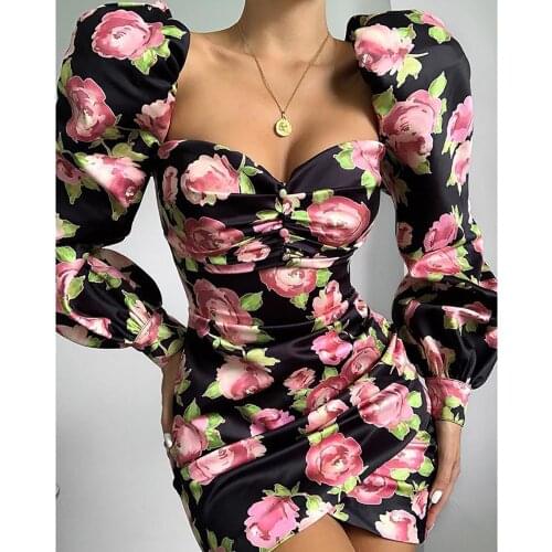 New Fashion Printed Puff Sleeve Wrapped Chest Button Irregular Hip Dress