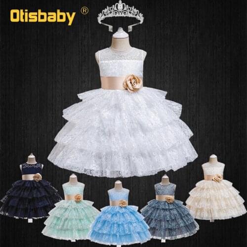 Formal Kids Flower Girl Lace Floral White Tiered Prom Dresses for Girls Elagant Wedding Party Evening Ceremonial Fluffy Dress