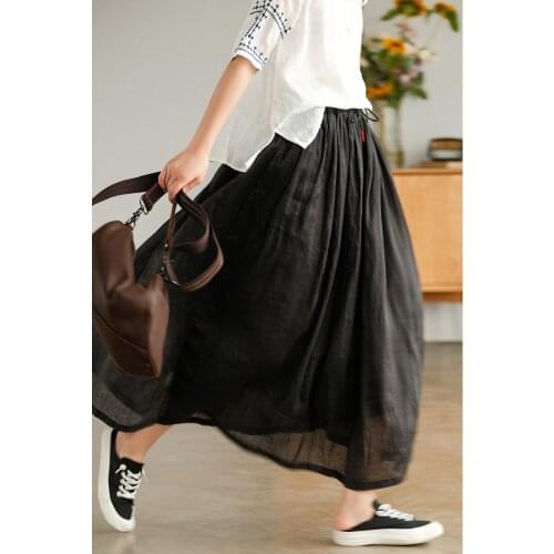 21New Women Skirts Summer Loose Mori Girl Style Solid Color Sashes Folds Female Fashion Ramie A-Line Skirt