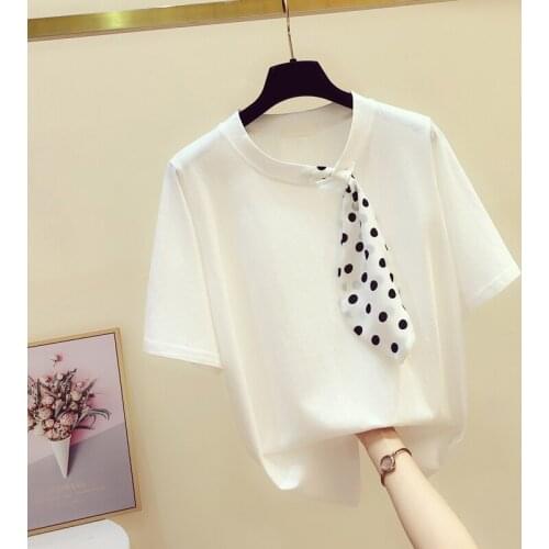 Bow Neck Women White T-Shirts Summer New 2021 Casual All Match Elegant Office Lady Pulls Outwear Tops Tees