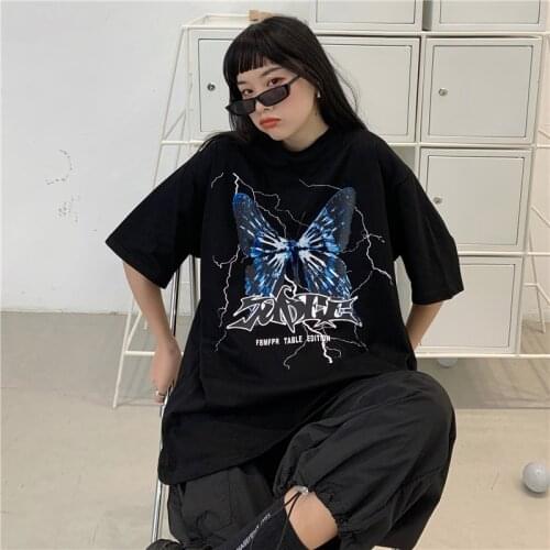 Women T-Shirts Korean Vintage Harajuku Short Sleeve Summer Loose Punk Streetwear Cotton Y2K Anime Cartoon Print Black Clothes