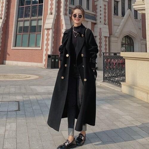2021 Autumn Winter Women Wool Blend Long Coat Autumn Women Elegant Double Breasted Black Long Coats Thick Warm Woolen Overcoat