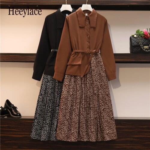 Plus Size Women Elegant Long Dress Autumn 2020 Korean Fashion Long Sleeve Shirt Patchwork Fake 2 Piece Floral Dresses