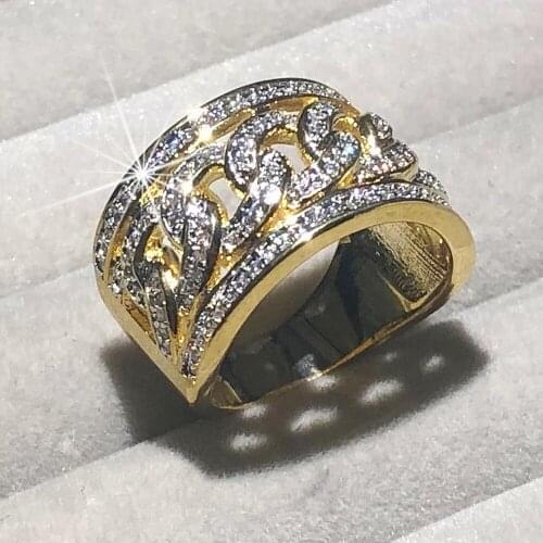 Lady Punk Gold Jewelry Hollow out Chain Ring 925 Sterling Silver Rings For Women Men Sparkling pave Simulated Diamond 14K gold