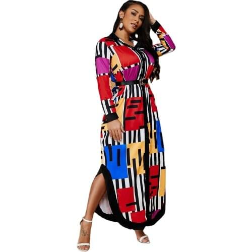 Cutubly Plus Size XL-5XL Sexy Dresses For Women New Fashion Red Print Full Sleeve Dress Shirts Side Slit Female Autumn Vestidos