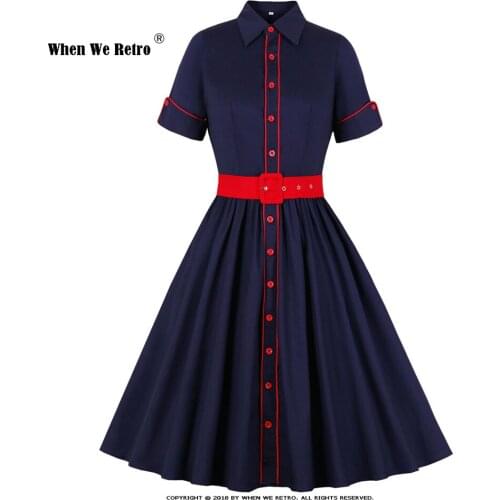 Autumn Summer Short Sleeve Navy Blue 50s Vintage Dress VD2092 Women Plus Size Retro Swing Cotton Rockabilly Dress