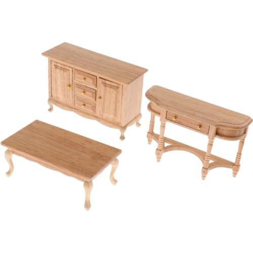 1/12 Natural Wooden TV Cabinet Tea Table Locker Dollhouse Miniature Furniture Set