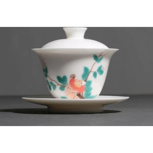 110ml Dehua White Porcelain Tea Bowl Hand Painted Pomegranate Gaiwan Ceramic Bowl with Lid Chinese Kung Fu Tea Tureen Teaware