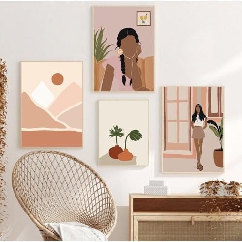 Plant Vase Girl Sun Hill Abstract Wall Art Canvas Painting Nordic Posters And Prints Wall Pictures For Living Room Bohemia Decor