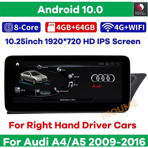 10.25“ Snapdragon CPU Android 10 Auto Radio Multimedia Player GPS Navigation for Audi A4 A4L A5 2008-2016 RHD Cars Stereo Screen