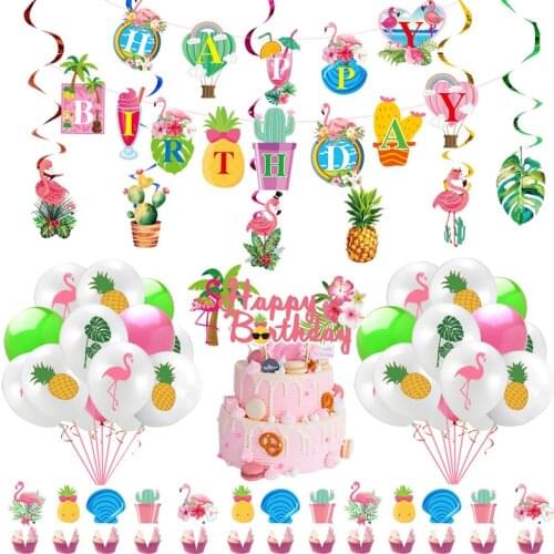 Happy Birthday Banner Hawaiian Party Decors Balloons Summer Tropical Party Background Flamingo Decor Wedding Birthday Supplies