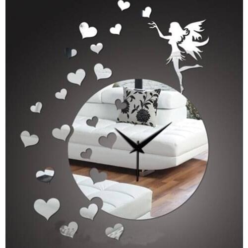 Free Shipping Creative Home Decor Wall Sticker Clock Mirror Surface DIY Clocks 12" Angel Love Heart Quartz Mute Acrylic