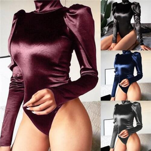 2021 Women Sexy Casual Stain Turtleneck Long Puff Sleeve Bodysuit Tops Black Ribbed Female Fashion Party Short Romper Bodysuit