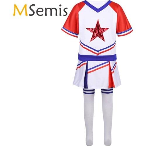 Kids Girls Cheerleader Costume Outfit Stars Applique Tops T-shirt with Skirt Socks Set for Carnival Cosplay Party