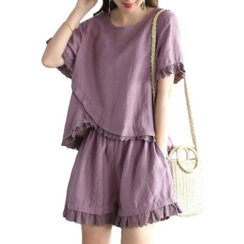 Cotton Linen Vintage Women Shorts Suits Summer Vintage Loose Ruffles T-Shirts And Wide Leg Shorts Female Solid Clothing Suits
