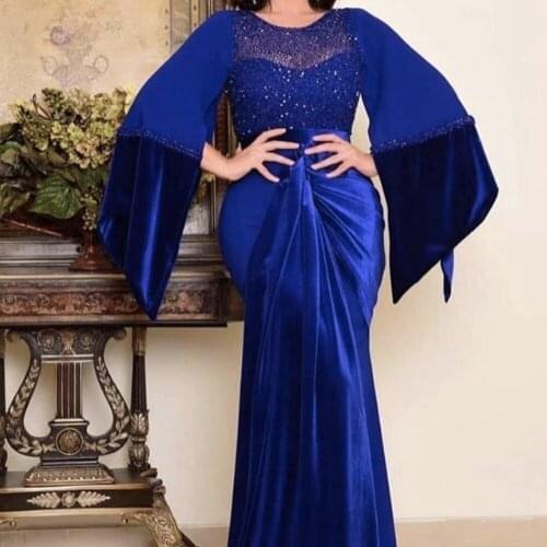 Royal blue prom dresses 2020 beading crystal mermaid long sleeve evening dresses formal dress