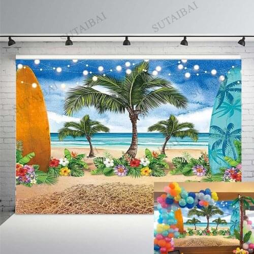 Summer Tropical Flowers Photo Background Cloth Beach Seashore Island Palm Tree Wedding Hawaii Theme Party Backdrop Studio Props