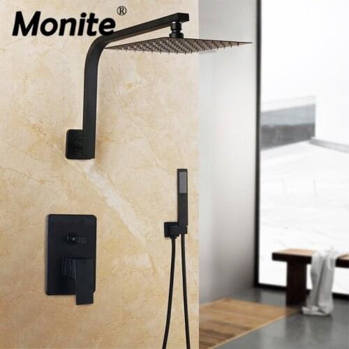 Monite Matte Black Painting Shower Set Ultra-thin Shower Head Wall Mounted Bathroom Rainfall faucet Sets LED Head & Hand