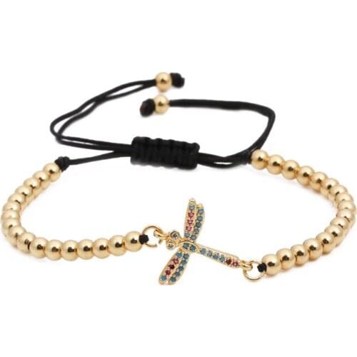 AAA Multicolor Cubic Zirconia Crystal 4mm Copper Beaded Cute Dragonfly Bracelet Women Men Gold-plated Nice Insect Pull Jewelry
