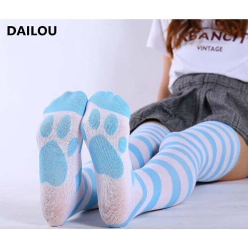 Cats Claw Cotton Socks Women Blue White Wide Striped Long Socks Japanese Thigh Anime Dance Performance Over The Knee High Socks