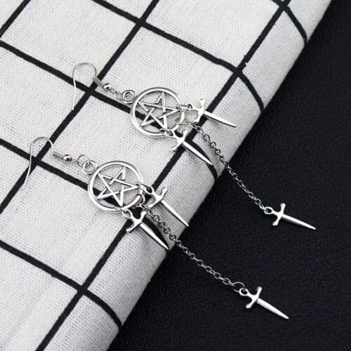 2021 New Creative Dangle Earring Fashionable Drop Dangle Tassel Earrings Darkly Gothic Style Five-pointed Star Sword Earrings