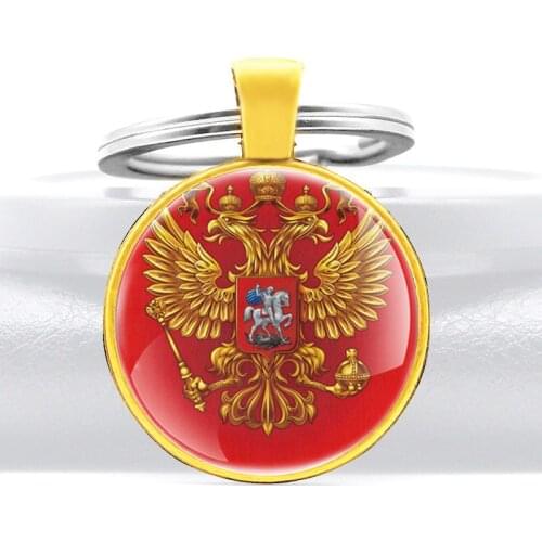 New Fashion Russian double-headed Eagle Design Glass Cabochon Metal Key Chain Charm Men Women Key Ring Jewelry Gifts Keychains