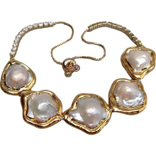 Y.YING White Keshi Pearl Flower Shape Bracelet Cubic Zirconia Pave Chain Adjustable