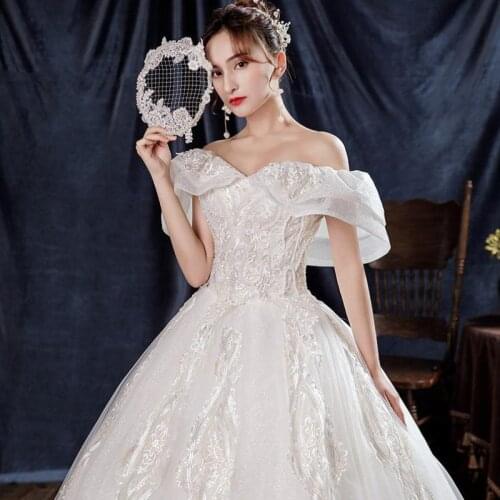 Boat Neck Wedding Dress Luxury Lace Sequins Ball Gown Off The Shoulder Princess Vestido De Noiva Plus Size Robe De Mariee