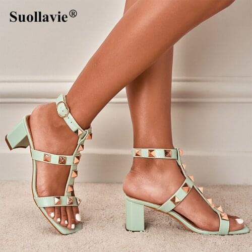 Suollavie Summer Thick Heel Rivet Sandals Female Popular New Net Infrared Wear Mid-heel Wild Ins Tide Roman Shoes 35-42