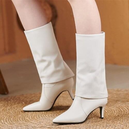 Handmade Soft Leather Boots Solid Fashion Women Shoes Knee High Boots 6 cm Thin High Heel Pointy Toe