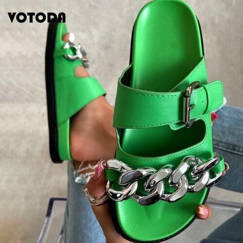 Platform Beach Slippers For Women Shoes Leather Metal Chain Slides Fashion Casual Outdoor Flip Flop Summer Non-slip Girl Sandals