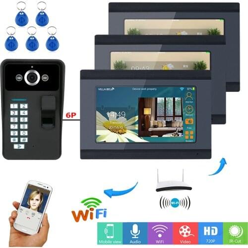 3 Monitors Fingerprint RFID Password 7 Inch LCD Wifi Wireless Video Door Phone Doorbell Intercom HD Camera System APP Control