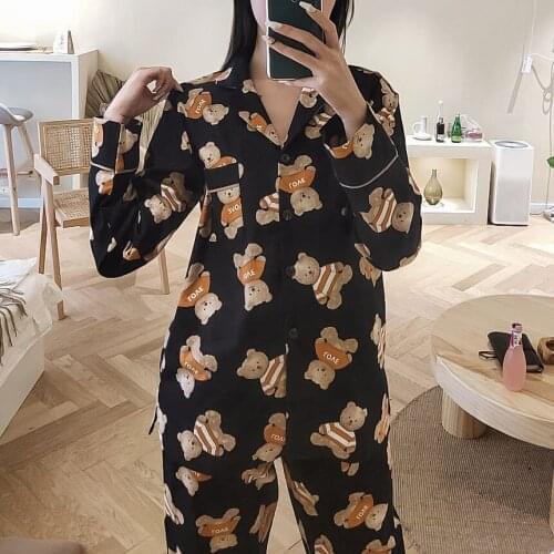Japannese Autumn New Long-Sleeved Trousers Sleepwear Suit Cartoon Bear Print Pyjama Woman Loose Casual Home Nightwear Set