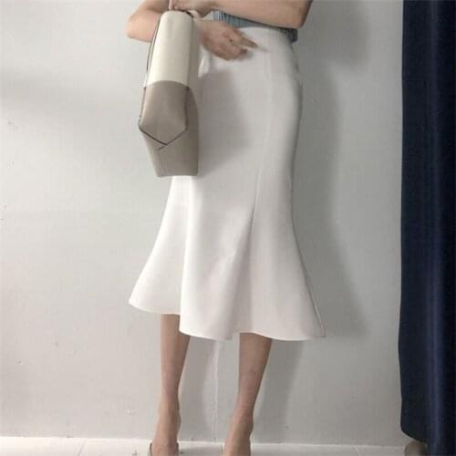 Korean Fashion Summer Skirts Chic Elegant Slim White High Waist Mermaid Long Skirt Women Office Lady Ruffles Wrap Hip Faldas