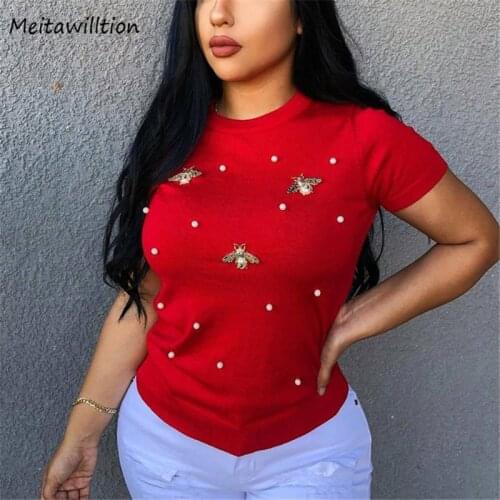 Plus Size Women Short Sleeve Pearl Beading Tshirt Ladies Tee Tops 2019 Casual O-Neck Weekend Basic T Shirt Summer Tee Shirt
