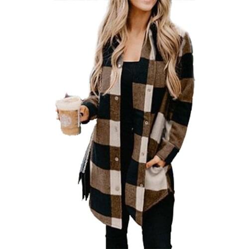 Autumn Polyester Womens Shirt Notched Long Sleeve Button Cardigan Plaid Loose Pockets Fashion Office Lady Shirt