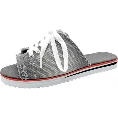 Women Sandals Women Canvas Flat Slipper Woman Lace Up Ladies Peep Toe New Womens Casual Female Fashion Denim Beach Shoes35-43
