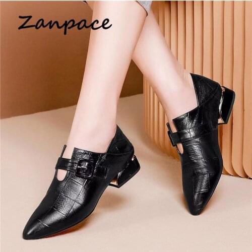 Zanpace Leather Womens Boots Spring Pointed Toe Shoes Woman Thickened High Heels Ankle Boots Buckle Strap Dual-purpose Boots