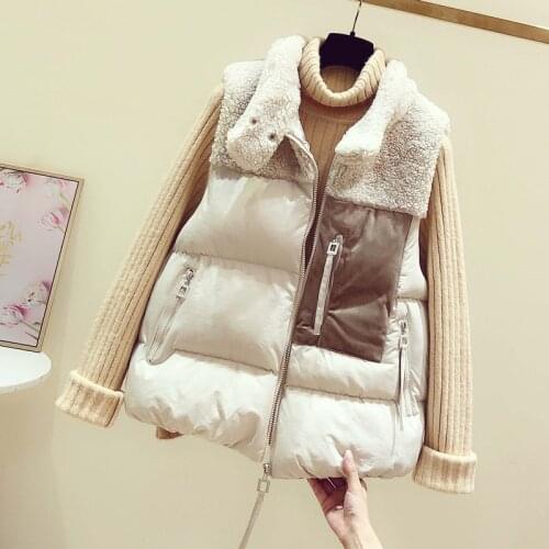 Winter Autumn Faux Fur Collar Puffer Vest Outwear Women Female Hollow Cotton Beige Black Waistcoat Ladies Sleeveless Jacket