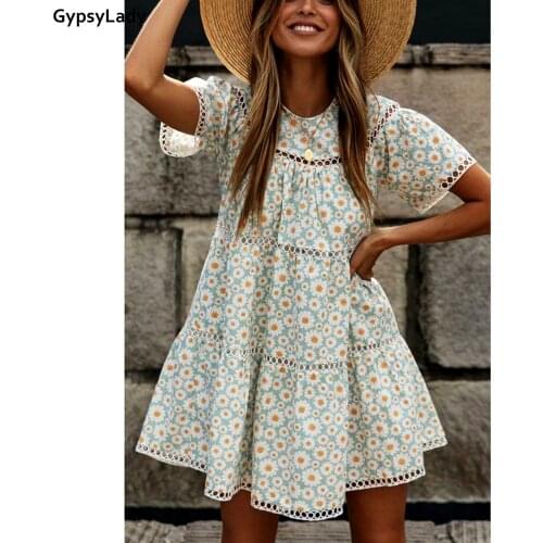 GypsyLady Daisy Floral Print Boho Mini Dress Summer Holiday Vintage Dresses for Women Ruffle Chic Ladies Hollow Out Casual Dress