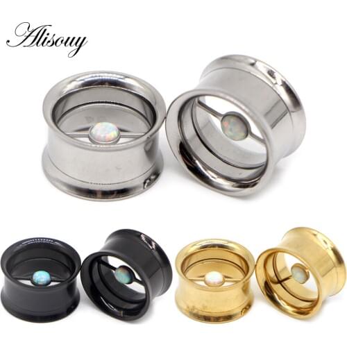 2pc stainless steel double flared opal Screw Flesh ear plugs tunnels piercing body jewelry ear gauges Expander Stretching 8~25mm