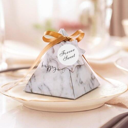 20pcs/lot New Design Triangular Pyramid Style Candy Box Wedding Favors Party Paper Gift Boxes with Ribbon