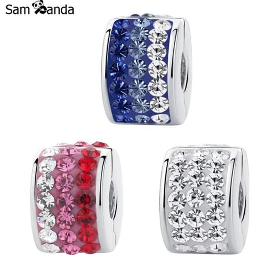 Authentic 925 Sterling Silver Bead Charms 3 Colour Austria Crystal Stopper Clip Lock Beads Fit Pandora Original Bracelet Jewelry