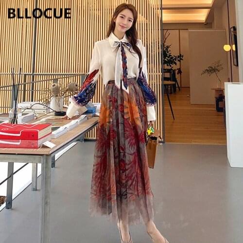 BLLOCUE Runway 2 Piece Set Office Ladies Long Sleeve Bowknot Shirt Top + Retro High Waist Print Mesh Maxi Skirt Set