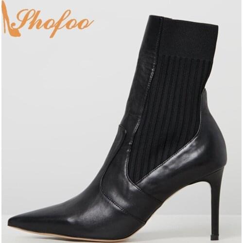 Black Stilettos Ankle Boots Sock Booties High Thin Heels Shoes Knitting Woman Pointed Toe Ladies Large Size 13 16 Mature Shofoo