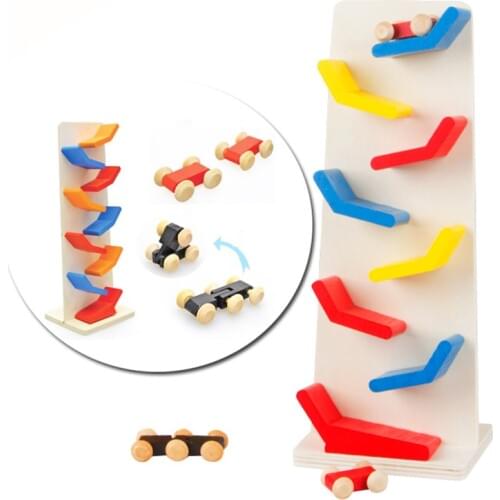 Childrens DIY Wooden Demountable Slider Car Toys 9 Zigzag Ladder Pulley Building Block Racing Cars Track Drop Glide Toy For Kids